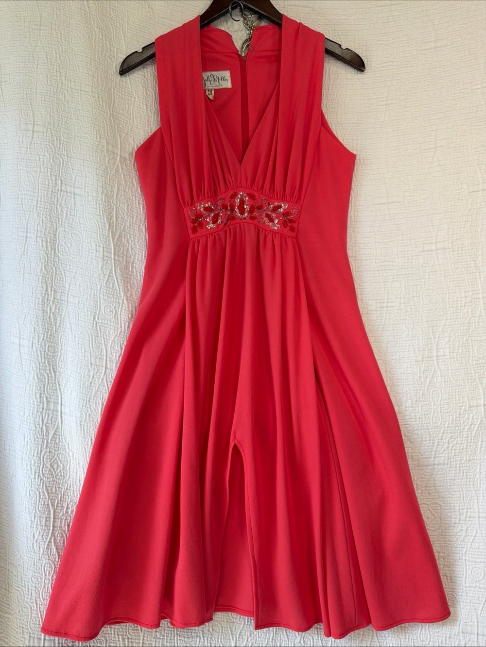 Vintage Julie Miller of California Dress Beaded Sequin Pleated Midi V Neck Small